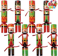 a group of wooden nutcrackers with different designs and colors on each one