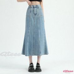 Qteee - Light Blue Denim High-waisted Pencil Skirt with a Flattering Mermaid Hemline - Womens Elegant Maxi Skirt Non-stretch Mid-rise Denim Blue Skirt, Non-stretch Mid-rise Skirt, Stretch Mid-rise Denim Skirt, Casual High Waist Non-stretch Skirt, Non-stretch Medium Wash Skirt With Pockets, High Waist Non-stretch Denim Skirt With Pockets, High Waist Denim Skirt With Pockets, Casual High Waist Stretch Skirt, Non-stretch Hip-length Trendy Skirt