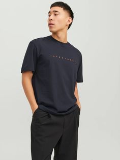 Text O-Neck T-shirt | Dark Blue | Jack & Jones® Graphic Text Print Cotton Jersey T-shirt, Tan Short Sleeve T-shirt With Screen Print, Printed Cotton Crew Neck T-shirt, Cotton Crew Neck Printed T-shirt, Tan Graphic Tee With Text Print, Everyday Relaxed Fit Printed T-shirt, Everyday Printed Relaxed Fit T-shirt, Tan Crew Neck T-shirt With Screen Print, Tan Cotton T-shirt With Text Print