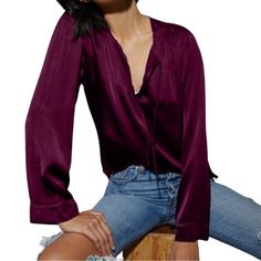 Stylish Nation Ltd Maura Relaxed Tie Top In Mulberry Brand New With Tags Attached Silky Feel Hammered Satin Metallic Raw Hem Luxe Romantic Poet Peasant Blouse Artsy Casual Boho Wine Burgundy Cabernet Fluted Sleeve From Pet-Free/Smoke-Free Home Thanks For Looking And Check Out My Other Closet Listings Mc Burgundy V-neck Blouse For Summer, Chic Burgundy V-neck Blouse, Burgundy V-neck Top For Date Night, Purple Blouse For Fall, Mulberry Color, Nation Ltd, Peasant Blouse, Boho Casual, Tie Top