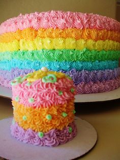 there is a rainbow cake on the table