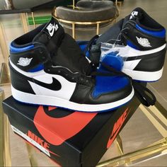 Nwt Nike Air Jordan 1 Retro High Black/White/Game Royal Blue Size: 6 Youth Black Jordans Outfit, Nike Air Max 90s, Jordan 1 Royal, White Casual Sneakers, Custom Jordans, Royal Blue Shoes, Nike Air Max Excee, White Nike Shoes, Black And White Nikes