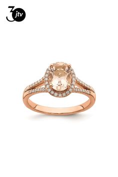 an 18k rose gold ring with morganite and white diamonds on the sides, set in