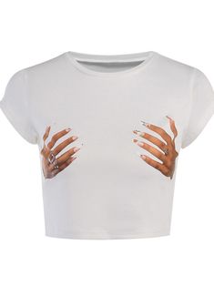 Sitara Hands Print T-Shirt Trendy White Stretch Crop Top, White Stretch Crop Top T-shirt, White Stretch Crew Neck Crop Top, White Stretch Crop Top With Crew Neck, Trendy White Stretch Cropped Shirt, Stretch Graphic Print Cropped T-shirt, White Stretch Cropped T-shirt Casual, White Graphic Print Stretch Crop Top, Trendy Summer Crop Top T-shirt