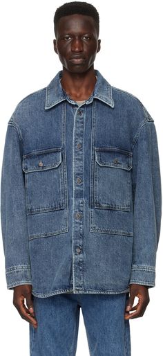 Non-stretch denim shirt. Fading throughout. · Spread collar · Button closure · Patch pockets · Shirttail hem · Dropped shoulders · Single-button barrel cuffs · Logo plaque at back collar · Pleats at back yoke Supplier color: Blue Mood 2024, Denim Shirt Men, Denim Pocket, Denim Shirt, Drop Shoulder, Stretch Denim, Barrel, Color Blue, Perfect Clothing