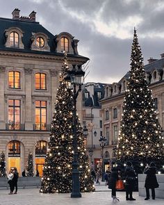 christmas trees are lit up in front of a large building with many lights on it