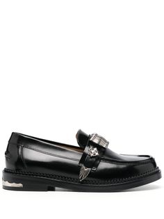 black calf leather smooth grain glossy finish silver-tone hardware decorative buckle detail tonal stitching round toe slip-on style branded leather insole leather stacked sole Pointed Loafers, 70s Men, Toga Pulla, Round Toe Shoes, Leather Loafers, Flat Sandals, Leather Fashion, Loafer Shoes, Flat Shoes Women