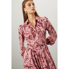 Pink floral crepe (100% Recycled Polyester). Empire. Long sleeves. Collar. Front button closure. Imported. Collared Floral Print Midi Dress For Casual Wear, Collared Floral Print Midi Dress For Casual Days, Fall Floral Print Midi Shirt Dress, Collared Midi Dress With Floral Print For Casual Wear, Casual Collared Floral Midi Dress, Floral Print Shirt Dress For Workwear In Fall, Floral Print Shirt Dress For Fall Workwear, Fall Floral Print Shirt Dress For Workwear, Elegant Long Sleeve Floral Dress With Ditsy Print