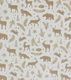 an animal themed wallpaper with brown and white animals, pine trees, and snowflakes