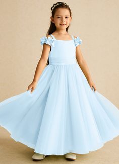 Jujube is an enchanting matte satin and tulle flower girl dress. Her square neckline is accentuated by delicate 3D flower details on the off-shoulder sleeves that add a whimsical touch. The pleated waistband offers a refined silhouette above a gathered A-line skirt that flows gracefully. Blue Dress For Kids, Blue Dresses For Kids, Blue Flower Girl, Flower Girl Dresses Blue, Tulle Flower Girl Dress, Tulle Flower Girl, Beaded Tulle, Flower Girl Dresses Tulle, Bateau Neckline