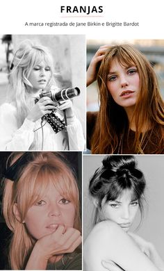 Jane Birkin e Brigitte Bardot - vintage - franjas - verão e inverno - street style | A franja se tornou um acessório no rosto da mulher, ela contorna e valoriza super bem os traços femininos mais belos. Jane e Brigitte souberam fazer muito bem o uso delas - tanto que são as referências mais usadas até hoje. Dois cortes diferentes, a franja à la Birkin é mais reta e com as pontas desconectadas. Já a franja à la Bardot é cortada em A, com o meio mais curto do que a lateral. Os acessórios nos fios Birkin Bangs Curly Hair, Birkin Bangs Round Face, Birkin Bangs Medium Hair, Birkin Bangs, Short Cropped Hair, Louise Ebel, Cut Bangs, Long Hair Trends, Blonde Bangs