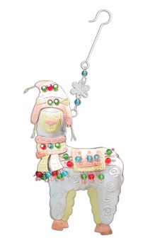 a glass llama ornament hanging from a hook on a white background with beads