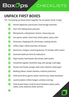 Unpack First Checklist for Organizing Moving Boxes on Move-In Day Glory Box Checklist, Open First Box Moving, Moving Essentials Box First Night, First Night Moving Essentials, First Night Box Moving, First Night In New Home, Change Of Address Checklist, Moving House Packing, Moving List