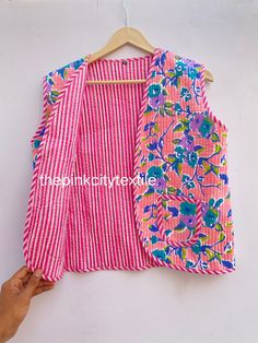 Welcome to Thepinkcitytextile Fabric Quality - 100 % cotton Sizes - Small Size - Chest -38 inch / 96.52 cm Length- 20.5 inch / 52.07 cm Shoulder -14.5 inch / 36.83 cm Medium Size - Chest-40 inch / 101.6 cm Length- 20.5 inch / 52.07 cm Shoulder -15 inch / 38.1 cm Large Size - Chest- 42 Inch / 106.68 cm Length- 21 inch / 53.34 cm Shoulder -15.5 inch / 39.37 cm XL Size - Chest -44 inch / 111.76 cm Length - 21 Inch / 53.34 cm Shoulder-16 inch / 40.64 cm XXL size Chest- 46 inch / 116.84 cm Length -22 inches / 55.88 cm Shoulder-17 inch / 43.18 cm Handmade... For the very reason that each item has been handmade there is always an element of human error, whether it be a missed stitch or overlapping block print design. Yet for us the beauty is in the imperfection. These are the signs that mean your Pink Patchwork Outerwear For Summer, Summer Pink Patchwork Outerwear, Multicolor Cotton Winter Vest, Cotton Patchwork Vest For Spring, Spring Cotton Patchwork Vest, Spring Patchwork Cotton Vest, Sleeveless Multicolor Cotton Outerwear, Multicolor Sleeveless Cotton Outerwear, Pink Sleeveless Cotton Vest