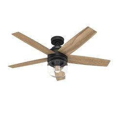 a ceiling fan with two wooden blades and a glass light fixture on the top of it