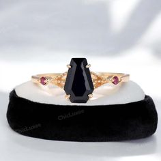 Vintage Black Onyx Coffin Shape Engagement Ring, Elegant 18k Yellow Gold Handmade Black Coffin Gemstone Ring, Unique Promise Gift For Love * Gemstone - Natural Onyx * Gemstone Shape - Coffin * Gemstone Size - 7x5 mm Gemstone Color : Black Secondary Stone : Ruby ( Lab Created ) Stone Shape : Round Stone Color : Pink /  *Custom Order Accepted As Per Your Requirements *PAYMENT INFORMATION - Payment in full by PAYPAL *SHIPPING We use 2 modes of shipment: - (01) STANDARD SHIPPING - It takes 12 to 18 Working days delivery time BY INDIAN FREE SHIPPING !! (02) EXPRESS SHIPPING - It takes 5 to 7 Working days delivery time by UPS, DHL & Aramax at $45 per parcel !! *Feedback :- Please Give us a Positive Feedback, your feedback is very important for us and In any case of any problem contact us. We wil Engagement Ring Elegant, Gift For Love, Ring Elegant, Coffin Shape, Engagement Ring Shapes, Onyx Gemstone, Ring Unique, Gemstone Ring, Gemstone Colors