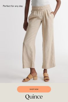 Looks like effortless style. Feels like pajamas. We love these wide-leg linen lounge pants from our best-selling European linen collection for casual work days, lazy weekends, and vacation vibes. Relaxed fit, elastic waistband, drawstring, and functional front pockets (obvi).  | Quince | Women's 100% European Linen Wide Leg Pants in Driftwood, Size XS Versatile Linen Wide Leg Beach Pants, Versatile Linen Bottoms For Vacation, Versatile Beige Linen Wide Leg Pants, Relaxed Linen Bottoms In Neutral Color, Comfortable Linen Wide Leg Pants For Spring, Chic Flax-colored Relaxed Fit Wide Leg Pants, Relaxed Neutral Linen Bottoms, Chic Wide Leg Pants In Flax With Relaxed Fit, Chic Relaxed Fit Wide Leg Pants In Flax