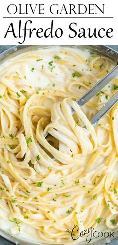 a pan filled with homemade olive garden alfredo sauce