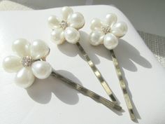 "Pearl Rhinestone Hair Pins, Rhinestone Hair Pins, Crystal Hair Pins, Pearl Hair Pin, Gold, Wedding, Bride, Bridesmaid, Hair, Pin, Comb, Bobby, Accessory, Rhinestone Set of 3 sparkling glass pearl and rhinestone crystal hairpins that add just the right amount of glitz to that special day! Pearl flowers with rhinestone crystal center - gold base- antiqued gold color pins. Hair pins measure approximately 2 1/4\" long - pearl flower measures approximately 7/8\" wide. Pins are strong and sturdy to h Pearl Bobby Pins Hairstyle, Wedding Hair Bride, Pearl Hair Pin, Black Pearl Earrings, Hair Bride, Pearl Flowers, Rhinestone Hair Pin, Crystal Hair Pins