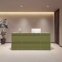 an empty room with a green counter and potted plant