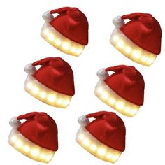 six red santa hats with white lights on them