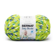 bernat baby blanket yarn in neon green and blue with white stripes on the top