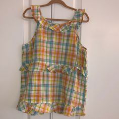 New W/Tags, 100% Cotton Swingy, Breezy Pastel Plaid Tank Top With Adorable Ruffles At Neck, Bottom Hem And Mid Section. Perfect For Casual Or Dressy Spring & Summer Parties, Picnics & Play Dates; Over Leggings, Skirts And Shorts! Summer Ruffle Tops For Playwear, Summer Ruffled Tops For Playwear, Cute Multicolor Cotton Blouse, Playful Green Top With Ruffles, Casual Multicolor Ruffled Tops, Playful Green Ruffled Top, Playful Ruffle Tops For Playwear, Summer Preppy Plaid Tops, Playful Ruffled Tops For Playwear