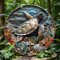 an image of a sea turtle in the ocean with plants and corals around it