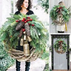 a woman holding a christmas wreath with bells and pine cones on it, standing in front of a door