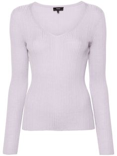 light purple wool blend ribbed knit plunging V-neck long sleeves straight hem Elegant Fine Knit V-neck Sweater For Spring, Fine Knit V-neck Top For Work, Chic Cashmere Top With Ribbed Neckline, Fitted Fine Knit V-neck Sweater For Spring, Fine Knit Long Sleeve V-neck Sweater For Spring, Fitted V-neck Top With Ribbed Cuffs, Spring Cashmere V-neck Long Sleeve Sweater, Chic Ribbed Cashmere Tops, Spring Cashmere V-neck Sweater With Long Sleeves