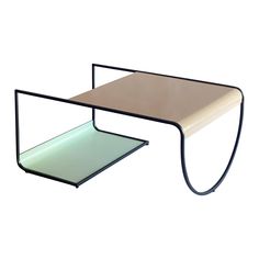 a table with a curved metal frame and glass shelf below it, against a white background