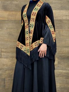 Tatreez Shawl Jacket Traditional Black Shawl Outerwear, Embroidered Cape Outerwear For Fall, Traditional Long Sleeve Winter Blazer, Mode Inspo, Shawl, Favorite Outfit, Jackets For Women, Jackets & Coats, Art Collection