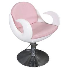 a pink and white chair sitting on top of a metal base