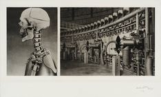 two pictures of machines in a factory, one with a skull and the other without