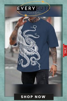 Men's Japanese Art Octopus Graphic Printed Casual T-shirt Artistic Crew Neck T-shirt With Printing, Artistic Blue Crew Neck T-shirt, Artistic Short Sleeve T-shirt With Printing, Octopus Graphic, Art Octopus, Casual T Shirt, Casual T Shirts, Japanese Art, Octopus