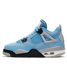 Loyal fans of Michael Jordan and the Air Jordan line won't want to miss out on the Air Jordan 4 Retro GS 'University Blue.' This special edition sneaker is crafted with a suede upper in UNC's iconic Tar Heels blue, with a woven jock tag on the tongue in a nod to classic Nike basketball jerseys. The shoes also featuregrey detailing, a supportive PU midsole, and a molded heel tab with Jumpman branding. Whether you're rocking them on the court or showing them off as part of your collection, the Air Jordan 4 Retro GS 'University Blue' is a must-have for any fan of MJ. (AJ4/SNKR/High Top/Basketball) Casual Air Jordan 4 Lace-up Breathable, Sporty Air Jordan 4 Fade-resistant For Streetwear, Casual Air Jordan 4 Breathable For Streetwear, Low-top Fade-resistant Air Jordan 4 For Streetwear, Air Jordan 4 Fade-resistant For Streetwear, Fade-resistant Air Jordan 4 For Streetwear, Casual Air Jordan 4 For Light Sports, Durable High-top Air Jordan 4 For Sports, Fade-resistant High-top Air Jordan 4 For Sports