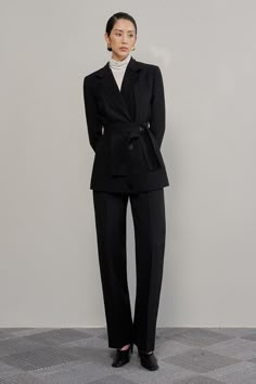 Made from premium cotton, these pants feature a front zipper for a sleek and chic look. Perfect for any occasion, they provide comfort and style in one luxurious package. Elevate your wardrobe with these exclusive, ankle-length pants. Women Suits Elegant, Turtleneck Suit Women, Sales Person Outfit, Black Dress Suits For Women, Women Tailored Suit, Fall Office Wear Ankle-length Pantsuit, Elegant Pantsuit With Ankle-length Pants And Pockets, Elegant Ankle-length Pantsuit With Pockets, Elegant Business Casual Pantsuit With Long Pants