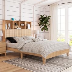 a bed room with a neatly made bed and a potted plant