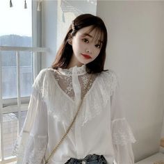 🌻 Vintage Ruffle Blouse - $32.90 - Cottagecore Clothes Lace Shirts, Loose Clothes, Women Lace Blouse, Floral Chiffon Blouse, Fashion Stand, Lace Blouse Long Sleeve, Clothes Stand, Lace Trim Blouse, Women Blouses Fashion