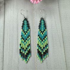 Handmade Seed Bead Beaded Earrings Turquoise Native American Style 3.5” Long These Beautiful Handmade Seed Bead Beaded Earrings Are Approximately 3.5 Inches Long Including Ear Hook. They Are 5/8 Of An Inch Wide. Ear Hook In Photo Is 925 Sterling Silver But Can Be Substituted With 316l Surgical Stainless Steel Ear Hooks. Turquoise Beaded Earrings With Beaded Chain, Turquoise Beaded Earrings With Black Beads As Gift, Turquoise Beaded Chain Earrings, Bohemian Turquoise Beaded Earrings With Black Beads, Turquoise Beaded Earrings With Round Beads, Green Beaded Earrings With Black Beads For Gift, Turquoise Beaded Beads For Crafting, Blue Bohemian Beaded Earrings With Black Beads, Bohemian Blue Beaded Earrings With Black Beads