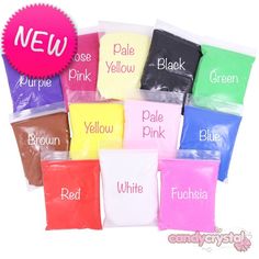 many different colors of dyes are shown in this image with the words, pink, yellow, purple, and red