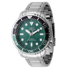 This impressive Invicta Pro Diver watch features a precise Quartz movement as well as a steel case. Its green, brass dial is enclosed by a highly protective Flame Fusion Crystal. This watch is finished by a strong steel, band, and it offers 30 m water resistance. Plunge into any horizon using the steadfast guidance of the Invicta Pro Diver. Stylishly classic, internal workings are forged with variations of bold movements. Built with confident prowess, the fortitude with which these timepieces fu Green Chronograph Stainless Steel Watch, Green Stainless Steel Chronograph Watch Accessories, Green Stainless Steel Chronograph Watch, Green Stainless Steel Watch Accessories, Green Chronograph Watch With Analog Round Dial, Green Watches With Metal Dial For Outdoor, Green Outdoor Watches With Metal Dial, Green Automatic Chronograph Watch For Outdoor, Green Outdoor Watch With Metal Dial