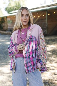 Get ready for all the cuteness this season with the Blossom Check Jacket—a perfect boho throw-on-and-go piece that adds a statement touch to any outfit! Unique mix of thermal and woven fabric with so pretty floral and plaid prints throughout Relaxed and loose jacket silhouette Classic zip-up front closure and loose long sleeves with thermal cuffs Hooded neckline with a drawstring detail High-low bottom edge for added style and movement Pair with: Dora Low Back Seamless Bralette, Lightwave Overal Fall Festival Outerwear With Boho Collar, Fall Multicolor Floral Patchwork Outerwear, Bohemian Floral Print Outerwear For Fall, Spring Plaid Outerwear For Layering, Long Sleeve Outerwear With Boho Collar For Fall, Fall Outerwear With Boho Collar And Long Sleeves, Hippie Style Outerwear For Spring Festival, Boho Collar Long Sleeve Outerwear For Fall, Fall Boho Collar Long Sleeve Outerwear