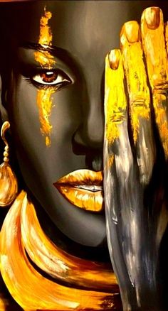 a painting of a woman holding her hands up to her face with gold paint on it