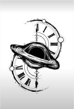 a black and white drawing of a clock with saturn on it