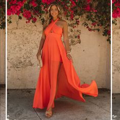 This Dress Is Gorgeous More Of A Coral Color And I Bought It For An Event And It Got Canceled. Never Worn Orange Halter Neck Maxi Dress For Party, Orange Halter Neck Dress For Brunch, Elegant Orange Maxi Dress For Vacation, Orange Sleeveless Dress For Holiday, Orange Halter Neck Maxi Dress For Evening, Orange Halter Neck Maxi Dress For Date Night, Chic Flowy Maxi Dress For Holiday, Spring Holiday Orange Maxi Dress, Elegant Orange Halter Neck Maxi Dress