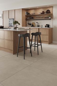 two stools are in front of the kitchen counter