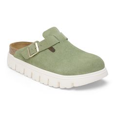 Boston Chunky Suede Leather Green Tea | BIRKENSTOCK Boston Clogs, Fresh Perspective, Boys Sandals, Platform Clogs, Suede Fashion, Strap Wedge, Birkenstock Boston, Shoe Insoles, Iconic Design