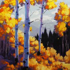 an oil painting of trees with yellow leaves