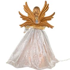 an angel ornament with gold wings and a white dress on it's back